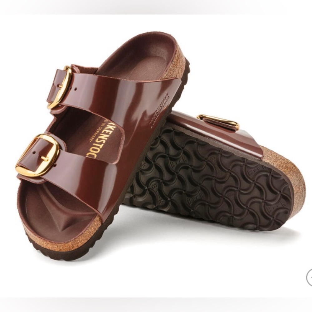 Birkenstock maroon Arizona Sandals with Gold Big Buckles